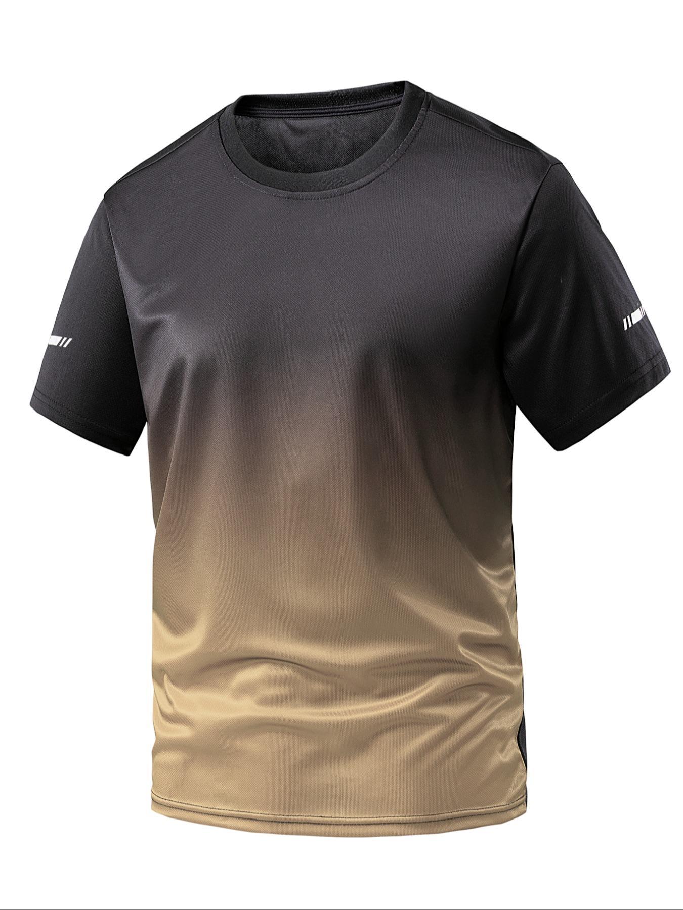 Men's Ombre Print Round Neck Tee, Regular Fit Sporty Quick Drying Breathable Short Sleeve T-shirt, Activewear T Shirt, Gym Tees for Gym Workout Running, Men's Top for All Seasons