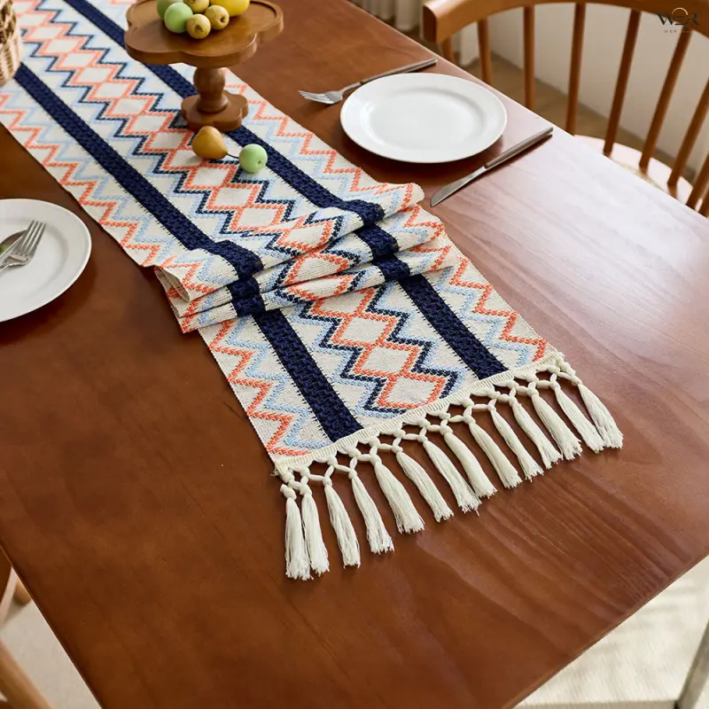 Coffee-Tone Wide-Stripe Cotton-Linen Table Runner, Color-Block Knotted Hollow-Out Tassel Decor, Versatile Scarf for Dining/Tea Tables & Shoe Cabinets, Rustic Home Textile Ornament for Daily/Holiday Styling