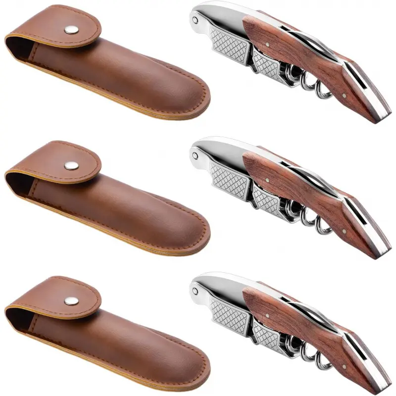 3-Pack Professional Waiter Corkscrew Wine Key with Leather Protection Gift Bag, Long Rosewood Handle Stainless Steel Handle Wine Opener for Bar Restaurant Waiters, Sommelier, Bartend, Rosewood Hand