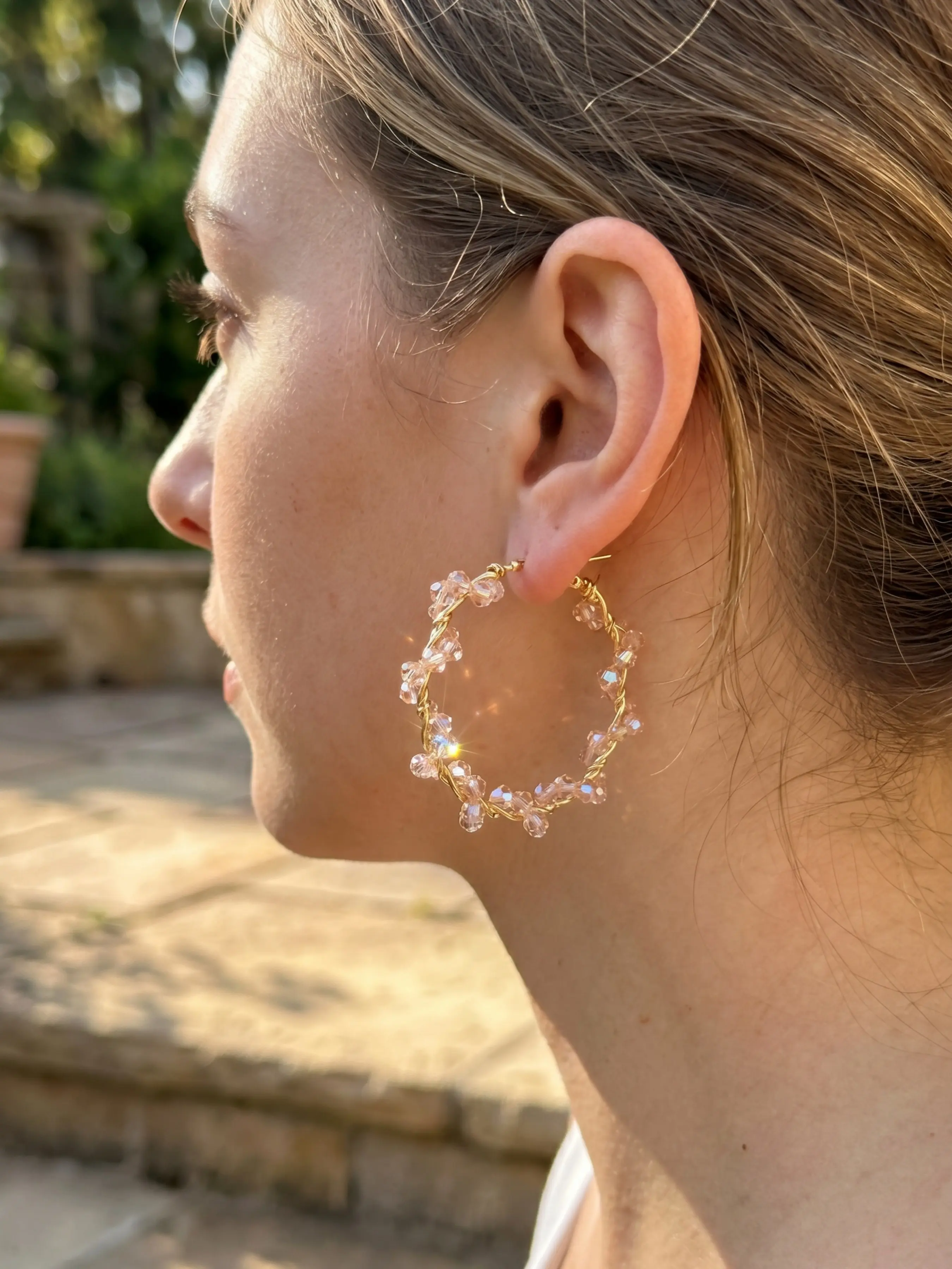 Gold Plated Pink Plastic Crystal Beaded Hoop Earrings for Women, Handmade Woven Twisted Large Circle Drop Earrings, Boho Aesthetic Lightweight Jewelry for Vacation Wedding Daily Party, Crystal Accents, Handcrafted Detail
