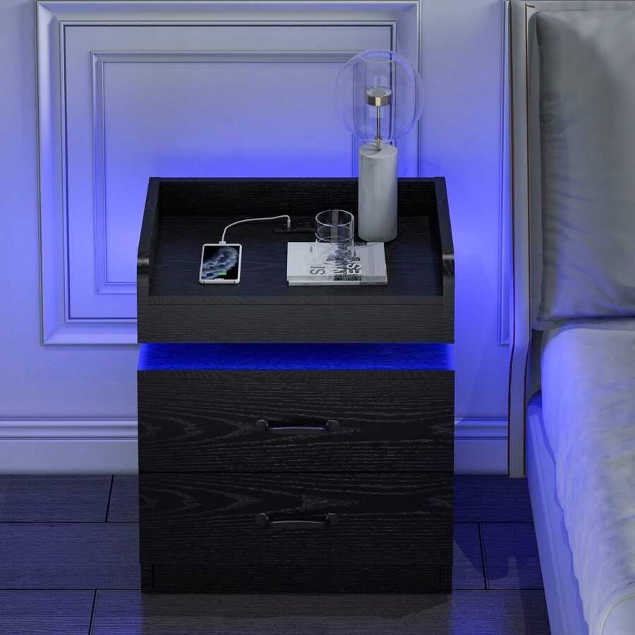 Night Stand with Charging Station, LED Lights & Drawers, Modern Bedside Table for Bedroom (White/Black/Grey)