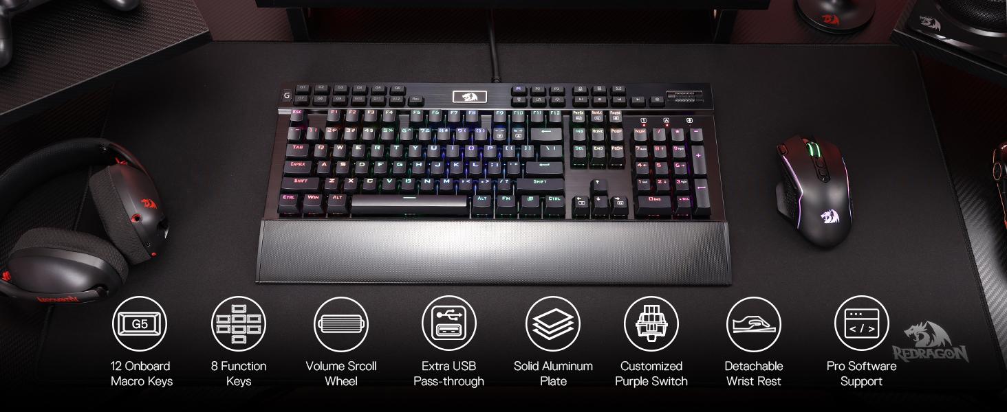 Redragon K550 RGB Gaming Keyboard, 104 Keys + 12 Macro G Keys Wired Mechanical Keyboard w/Aluminum Top Plate, Custom Clicky Purple Switch, Extra USB Port & Wrist Rest