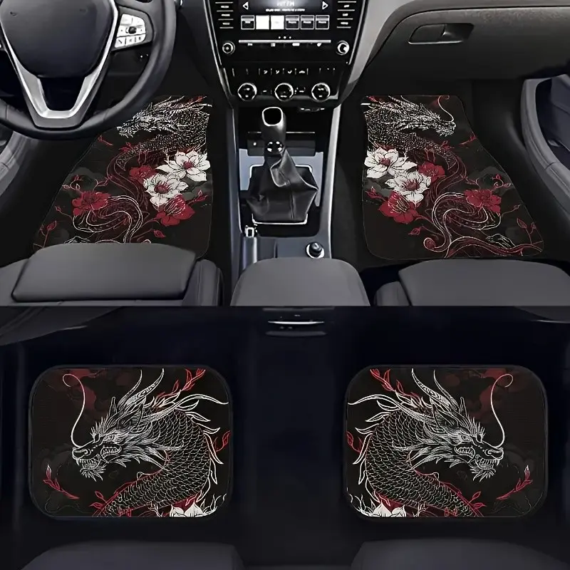 4-Piece Dragon Print Car Mats, Polyester Fiber, Universal Fit, All-Season Comfort, Ideal for Cars Suvs Trucks, Perfect Gift