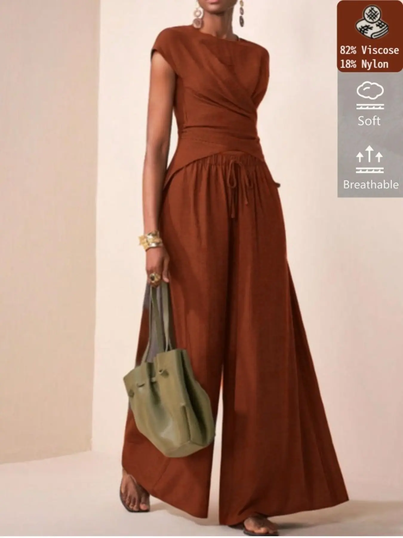 Women's Fashionable Comfortable Viscose Tie Waist Top & Wide-Leg Long Pants Set for Daily Wear