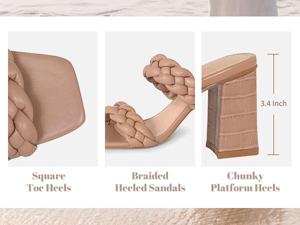 Women's Braided Heeled Sandals Summer Square Open Toe Chunky Block Heels Women's Braided Heeled Sandals Summer Square Open Toe Chunky Block Heels