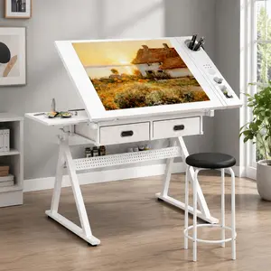 Adjustable Drawing Drafting Table Desk with Tiltable Top, Height-Adjustable Legs, 2 Drawers, Storage, Includes Stool, White MDF, 38.58 x 23.62 Inches