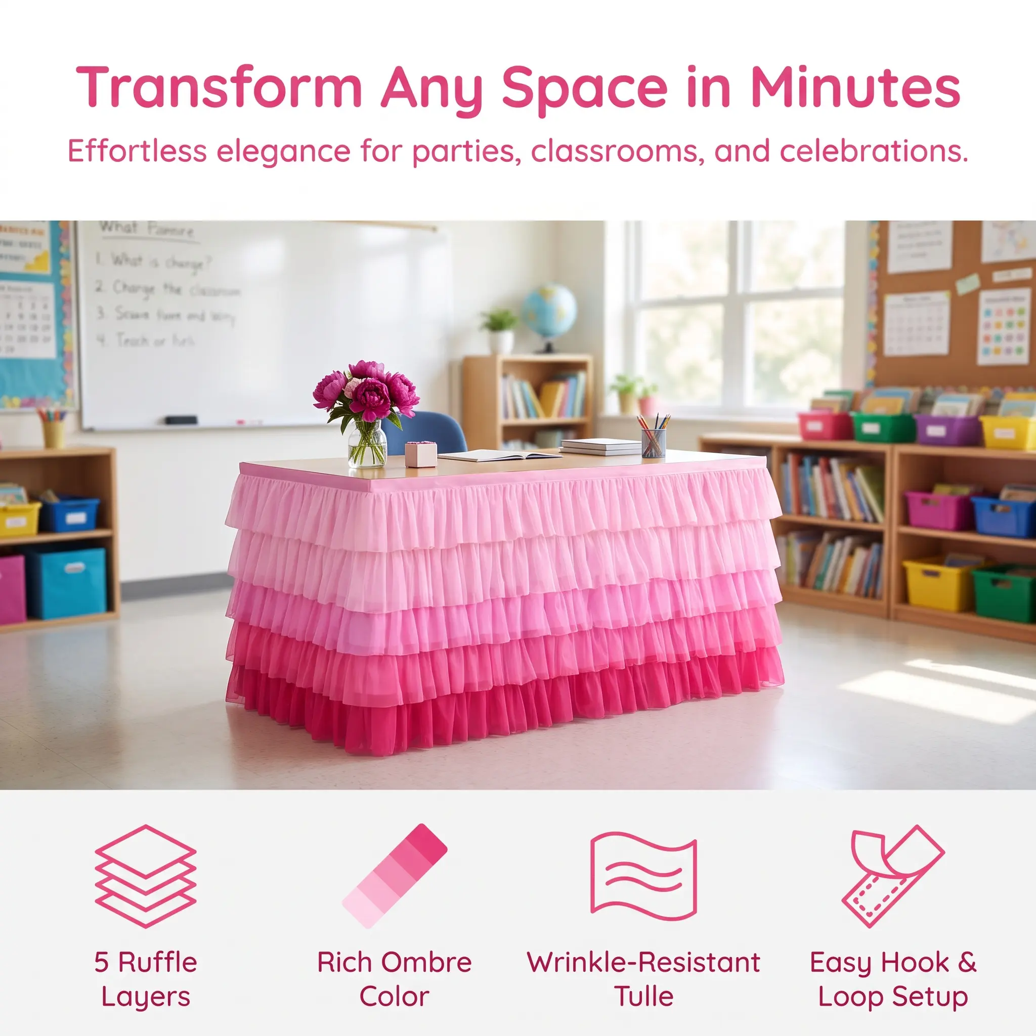 Teacher Desk Skirt with Pink Pastel Ruffled Boho Rainbow Design, Back to School Desk Cover for Hiding Clutter, Ideal for Counselor Desks, Standing Desks, Meet the Teacher Night, First Day of School Teacher Office Decor-YY2