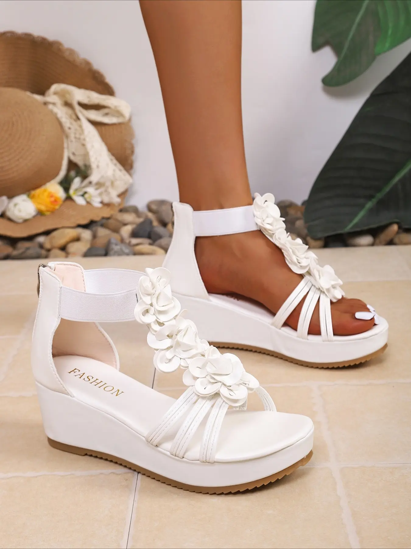 Women's 3D Floral Multi Thin Strap Wedge Platform Sandals, Elastic Ankle Strap Open Toe Wedges, Anti-Slip Thick Cushioned Sole Footwear for Summer Beach Vacation Daily Party Outfit, Breathable Wedges Heels