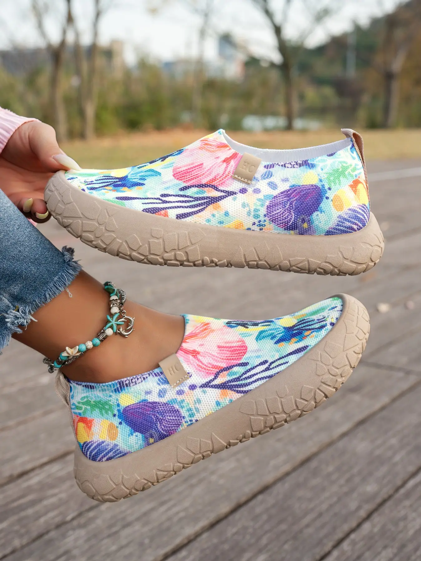 Tropical Coral Floral Print Slip-On Shoes, Breathable Mesh Elastic Lazy Shoes, Anti-Slip Thick Sole Beach Casual Footwear, Casual Lifestyle Footwear