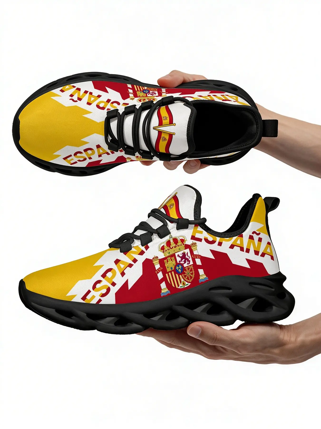 Unisex Spain Espana Flag Print Sneakers, Red Yellow Spanish National Flag Pattern Breathable Mesh Walking Shoes, Lightweight Hollow Cushion Chunky Sole Casual Athletic Sport Trainers For Football Fans Daily Streetwear