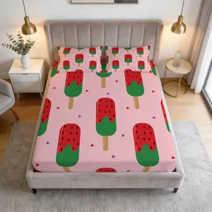 Fresh Summer Watermelon Popsicle Print Fitted Sheet, Soft And Comfortable Bedding Set (1 Sheet + 2 Pillowcases, No Pillow Insert), Suitable For Girls' Summer-Style Bedrooms, Suitable For Dormitories, Guest Rooms, And Apartments