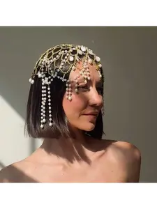 New elegant pearl tassel hair chain stylish crystal headpiece performance accessory for women