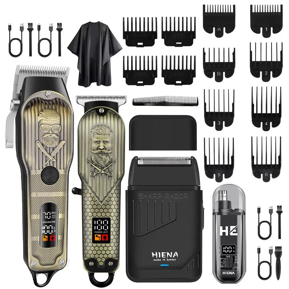 HIENA professional men's hair clipper, four piece set, wireless hair clipper set including LED hair clipper, carving trimmer, nose hair trimmer, foil shaver, men's rechargeable clipper, men's home and salon hair clipper