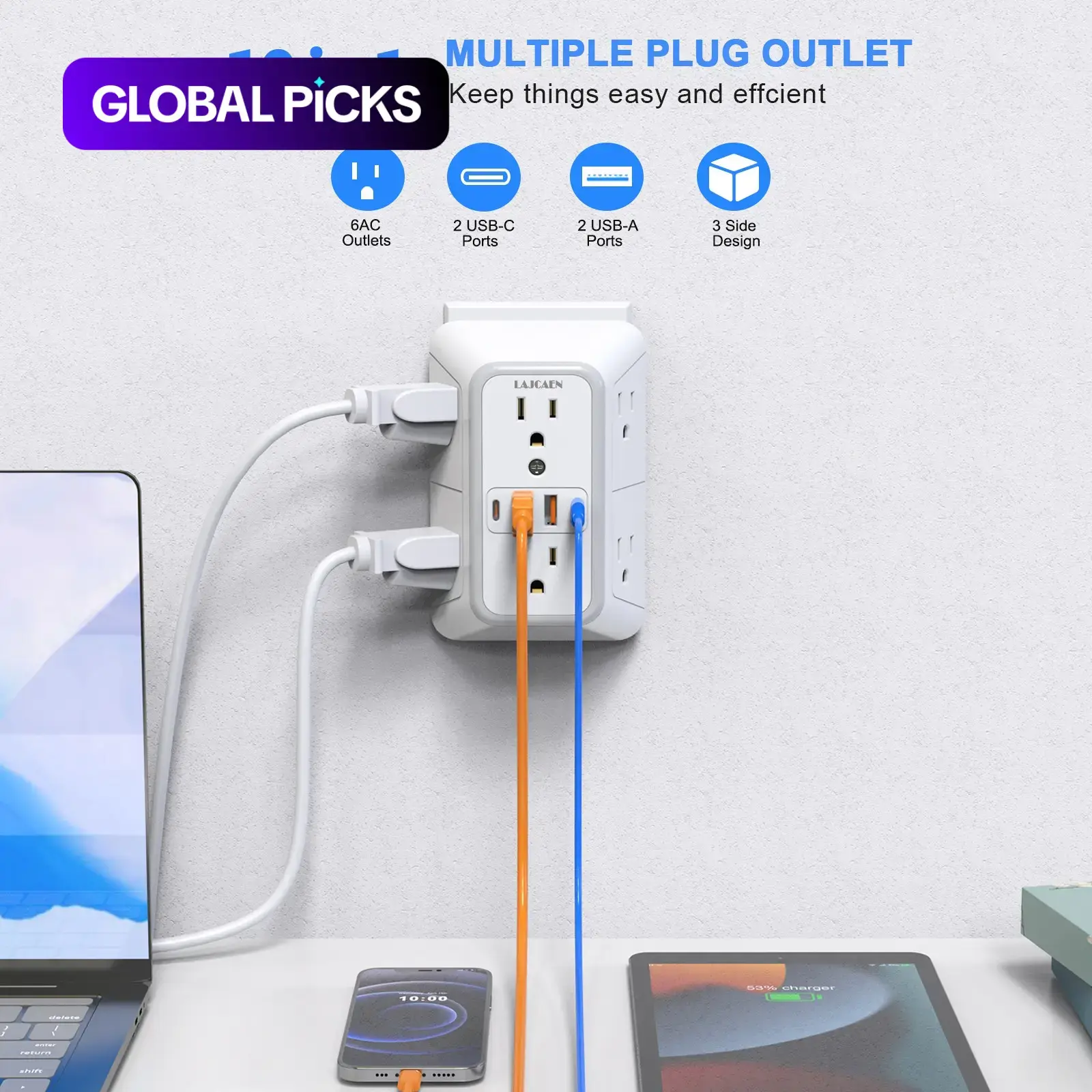 Wall Charger, Surge Protector with 4 USB (2 USB C) Charging Ports, USB Outlets, Multi Plug Adapter, Multiplug Wall Outlet for Home Travel Office