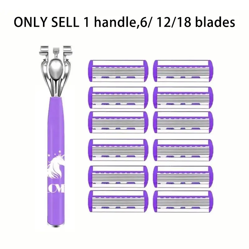 Purple Unicorn Print Women Safety Razor Set, Reusable Metal Handle Shaving Razor with 16 Replacement Multi-Blade Refills, Gentle Easy Hair Removal Body Hair Remover for Legs Underarms Bikini Area Daily & Travel Use