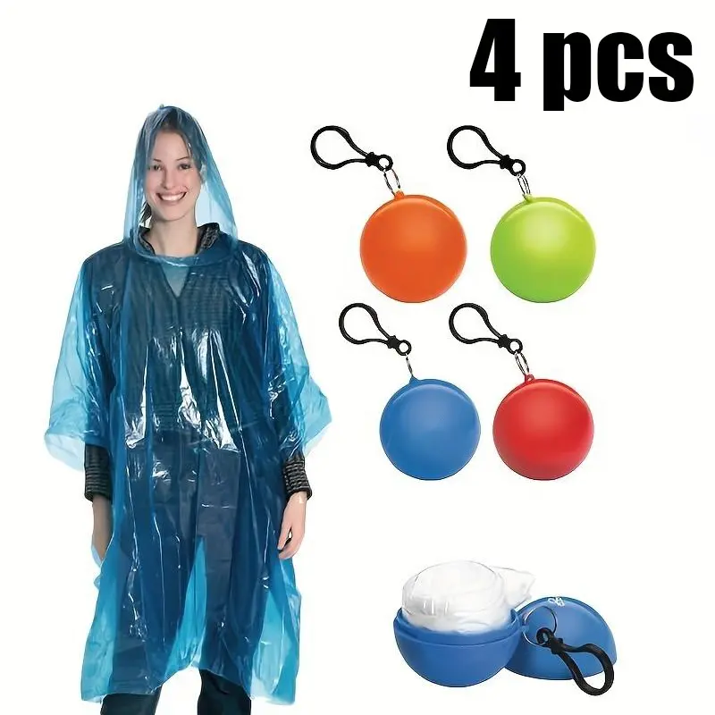 4-Pcs Portable Emergency Rain Ponchos – Mixed colors, durable PP material with compact keychain ball design. Lightweight and easy to carry, ideal for outdoor activities, hiking, fishing, camping, travel, and sudden rainy weather.
