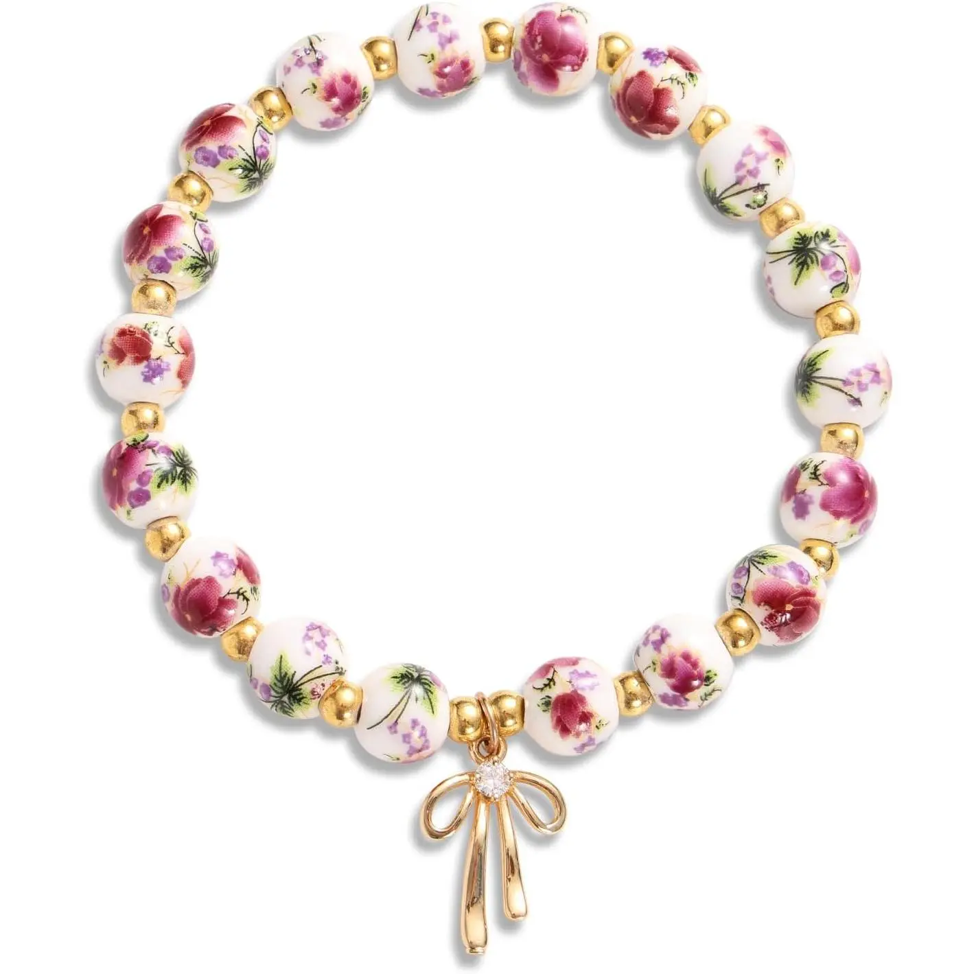 Beads Bow Charm Bracelet for Women, Porcelain Flower Beaded Bracelet Adjustable Floral Ceramic Bracelets Romantic    for Women