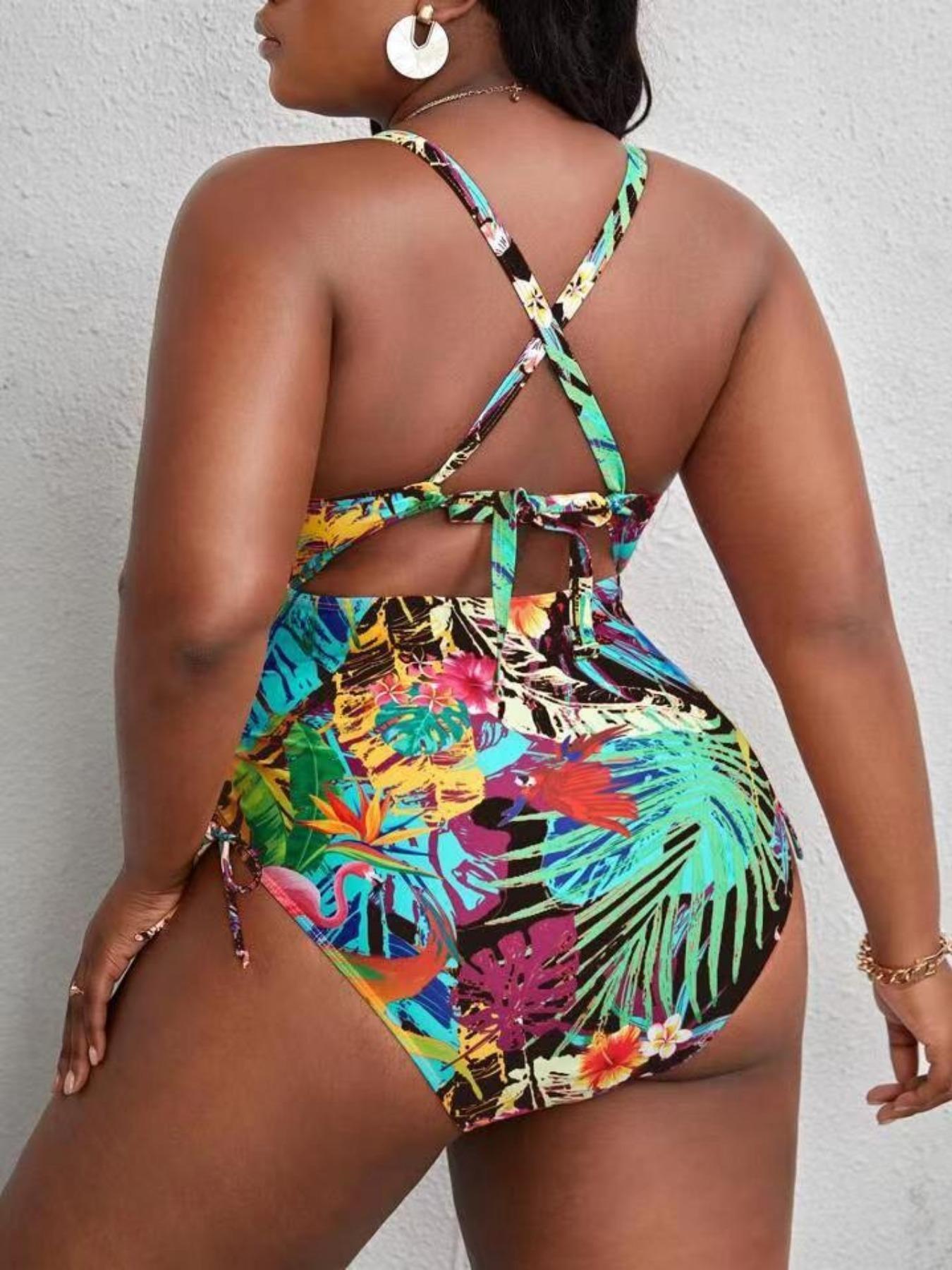 Plus Size Tropical Print Criss Cross Cut Out One-piece Swimsuit, Boho Tie Side Sleeveless High Stretch Swimwear For Beach Holiday Vacation, Women's Plus Size Swimsuit For Summer