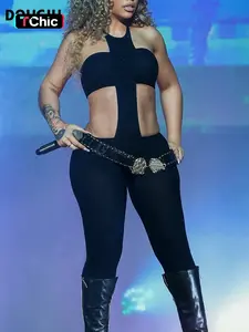 DOUCIU Nightclub Bar Music Festival Sexy Hot Street Personality Cool Women'S Thin Solid Color See Though Cross Shaped Halter Long Jumpsuit