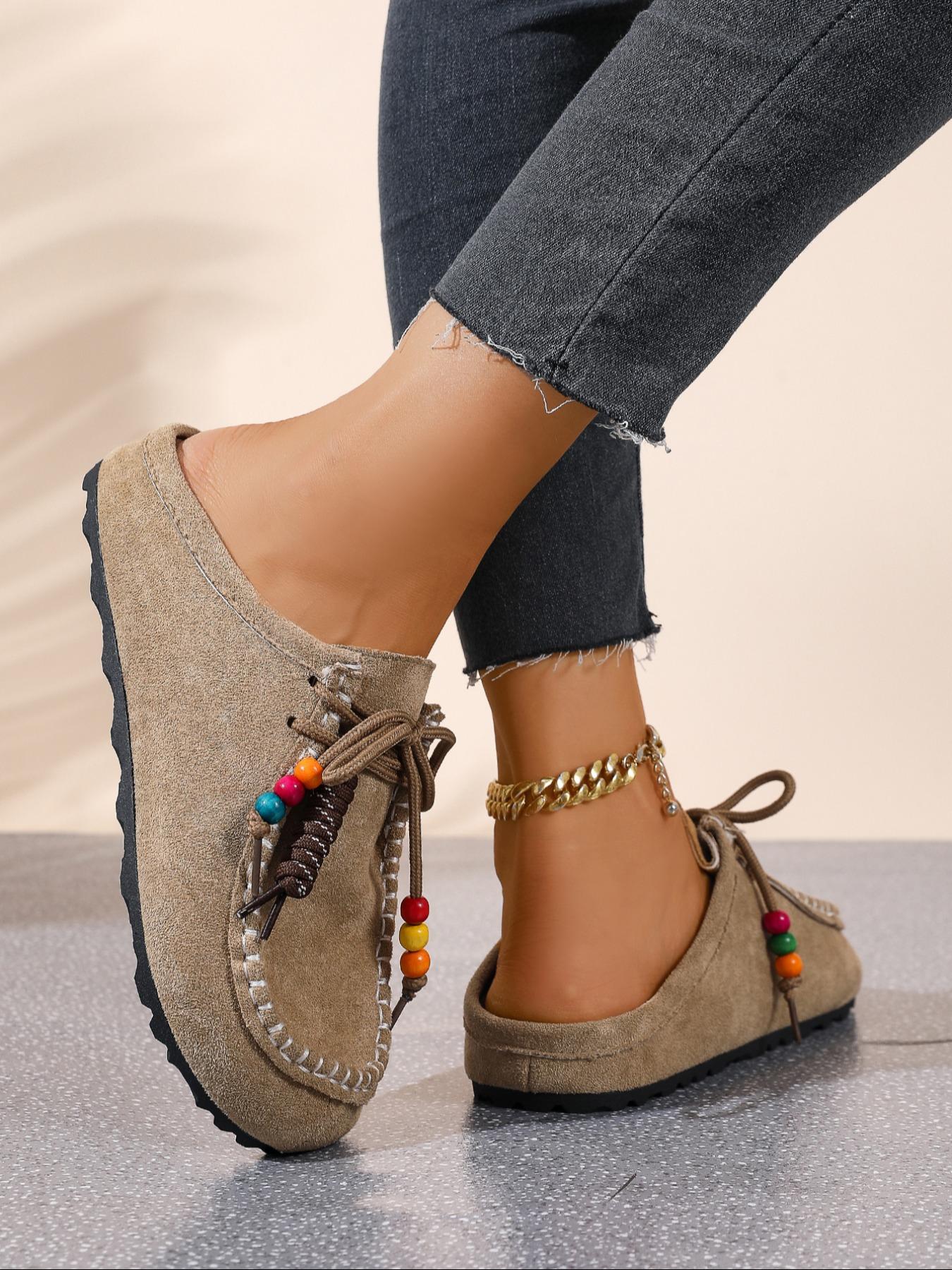 2025 New Women's Round-Toe Cork suede Clog Mules –Boho Beaded Suede Tassel Mules – Women’s Vintage Slip-On Clogs with Arch Support, Soft Cork Sole, and Colorful Beads – Cozy Fall Flats for Walking & Home Foot Clogs
