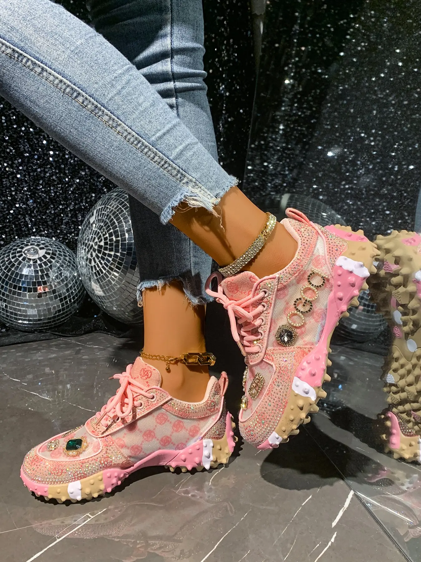 Rhinestone Breathable Mesh Women's Sneakers, Footwear, Hollow Out Design, Non-Slip Rubber Sole, Casual Style, Perfect for Nightclub and Vacation