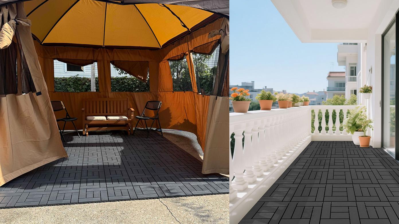 12-inch ZZ style interlocking deck tiles, DIY modular interlocking decking floor tiles, indoor and outdoor floor tiles, courtyard floor tiles that easy to install quickly ,44 pieces dark gray