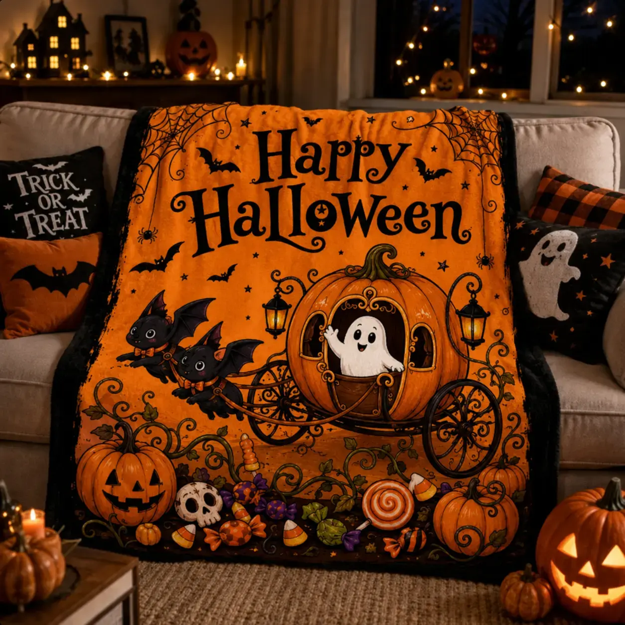 Happy Halloween Ghost Blanket 60''x80'', Cute Pumpkin Carriage and Bat Throw Blanket, Spooky Halloween Gifts for Kids Family and Friends, Super Soft Flannel Blanket for Bed Couch Sofa