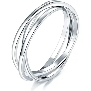 Silver Ring, 14K Gold Plated Fidget Anxiety Ring, Triple Row Rolling Interlocking Stacking High Polish Band for Women, Men| Each Band Width 1.8mm 3mm Size 4-12