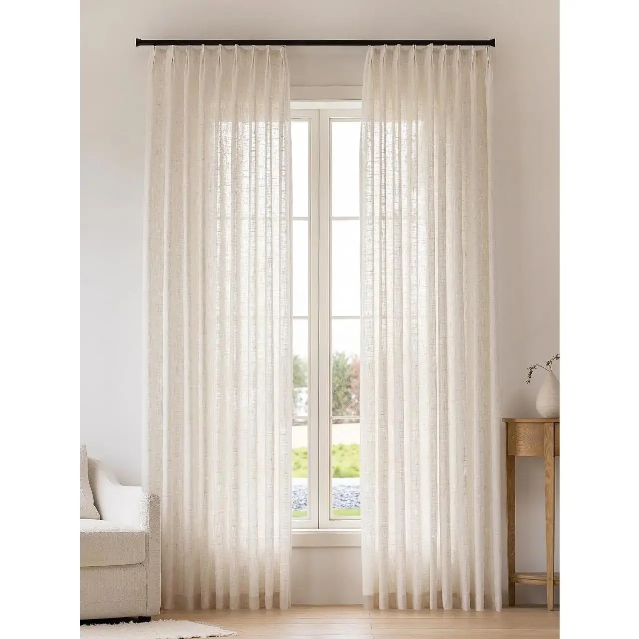 Pinch Pleated Linen Curtains 102 Inches Long - Light Filtering Curtains for Living Room, Semi Sheer Window Curtains for Bedroom, Luxury Pinch Pleated Drapes with Hooks and Rings, , 2 Panels Set