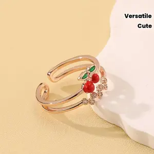 Sweet Cute Cherry Ring, Easy Versatile Double-Layer Micro-Pave Cubic Zirconia Adjustable Band