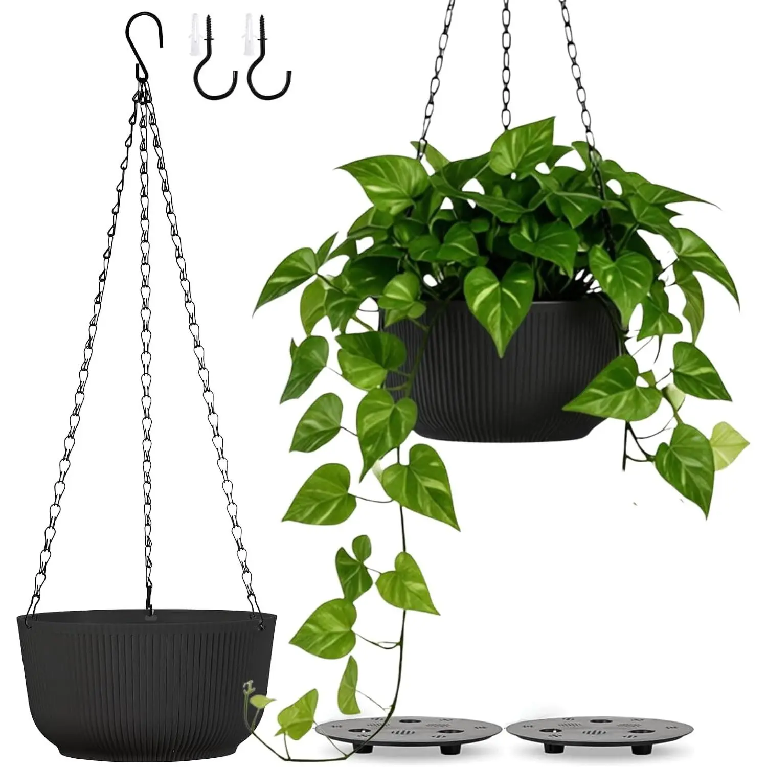 10 Inch Hanging Pots for Indoor Outdoor Plants Set of 2 | Self-Watering Hanging Planters with Internal Saucers, Drainage Holes & Plugs (Hooks)