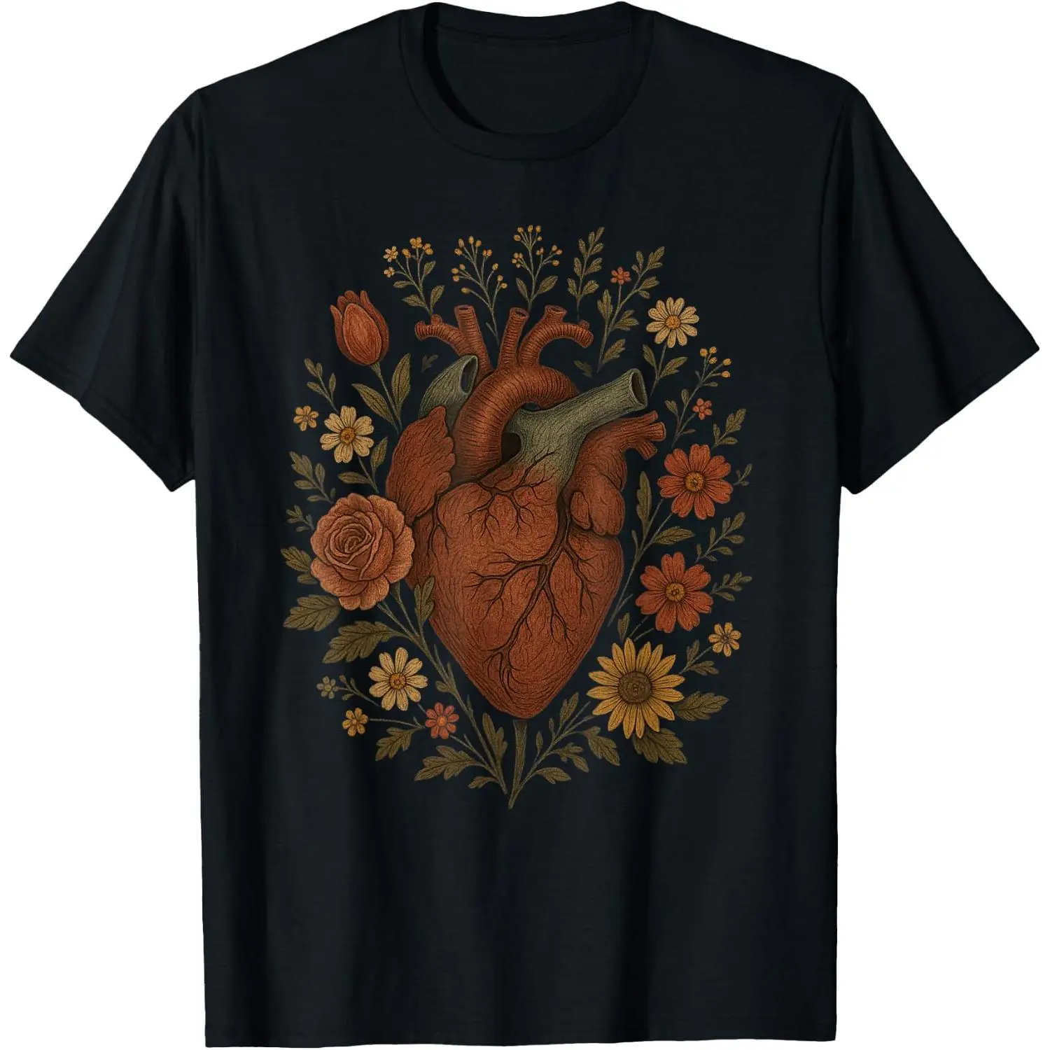 Realistic Anatomical Heart with Flowers Cardiology Cardiac T-Shirt Cotton Graphic Crew Neck Soft Top Short Sleeve Casual Unsex Shirt Breathable for Men Women