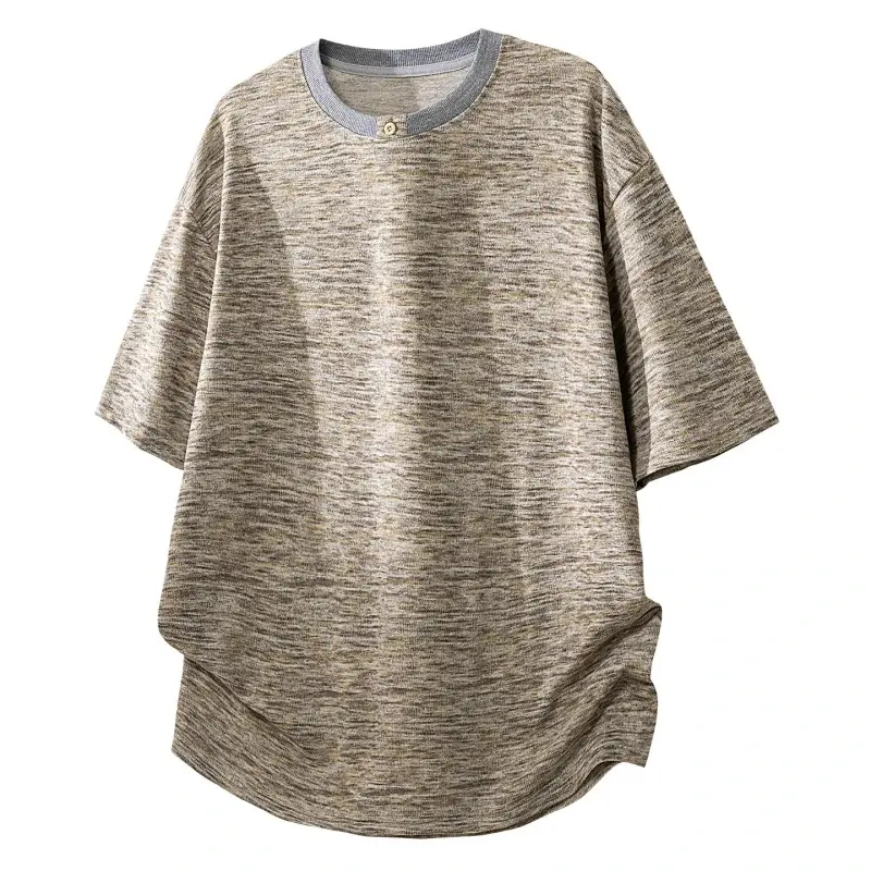 Men’s summer heathered crew neck short-sleeve T-shirt features a single button on the neckline and adopts a drop-shoulder cut. With retro style, it is suitable for daily commuting, home outings and casual summer wear. # Summervibes
