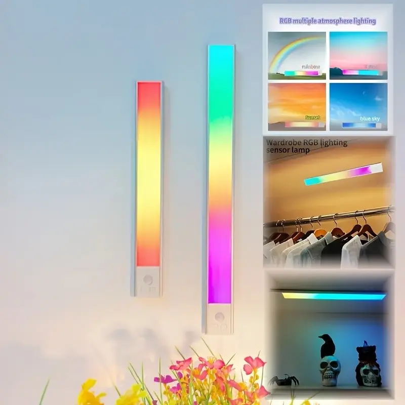 RGB Closet Motion Sensor Light Strip, Modern Colorful Atmosphere, Multi-Color Effects, 30/40cm, Wall Mounted, Rechargeable Battery, Bedroom Display Cabinet, Strip Lights