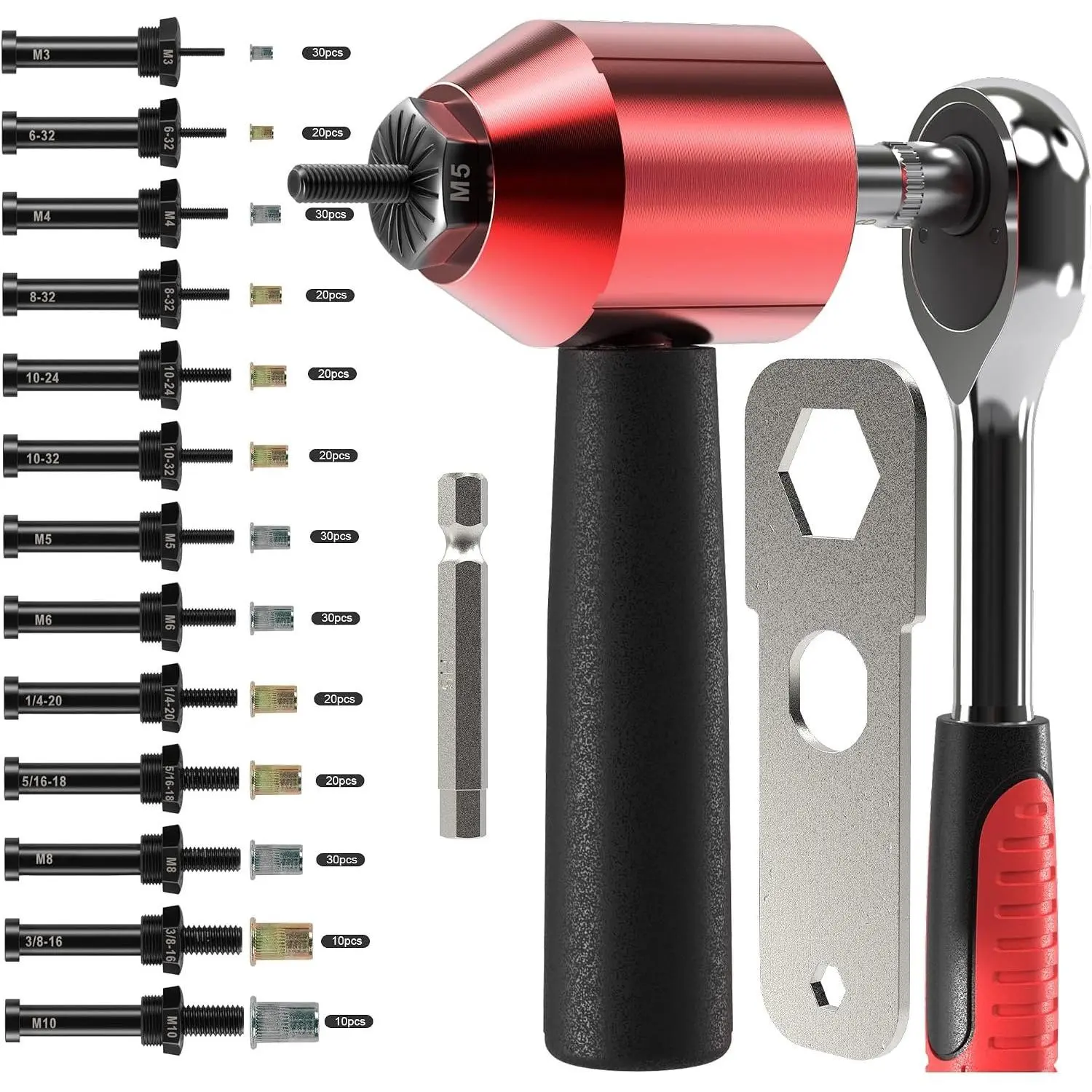 Rivet Nut Drill Adaptor Tool Kit - Synthetic Drill Conversion Hand Riveter Accessory for DIY Users, Includes 290+ Parts (290 Metric/Inches Rivet Nuts, 13-Mandrel Set)