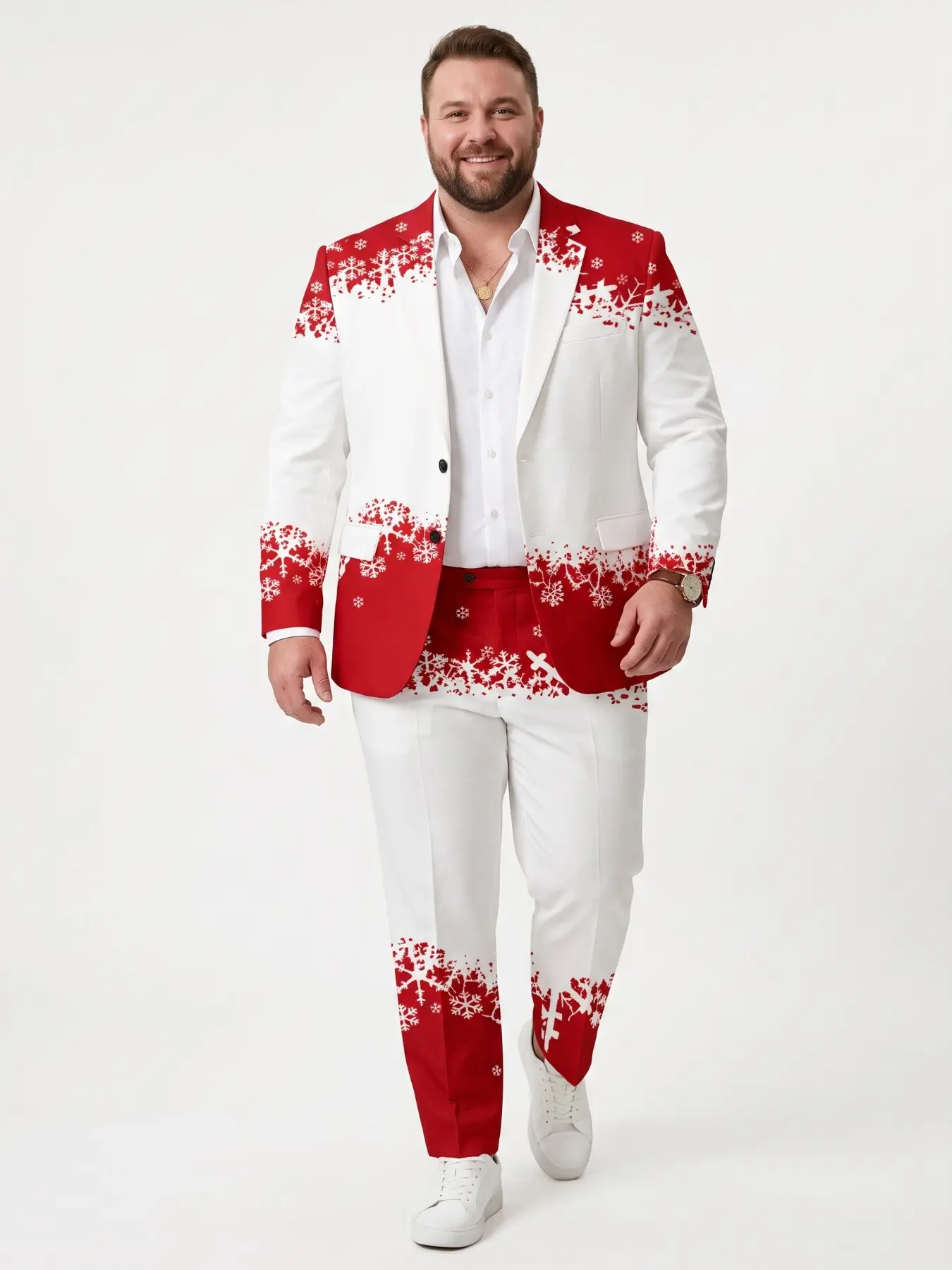 Plus-Size Men's Red and White Gradient Snowflake Christmas Suit Set Plus-Size Men's Trendy Two-Piece Suit Set