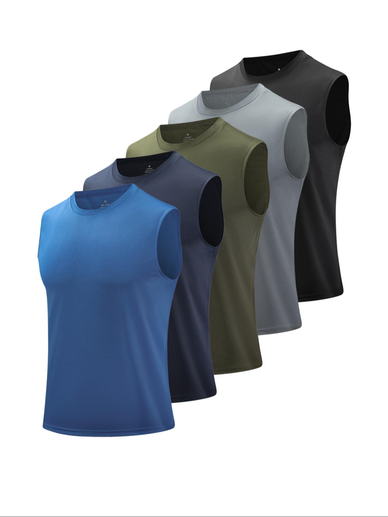 Men's 5pcs Solid Round Neck Sleeveless Sports Vests, Breathable Comfortable Quick Drying Sweat-absorbing Tank Tops for Outdoor Activities, Sport & Outdoor Clothing for Summer