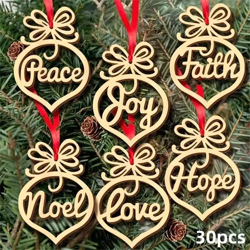 30 Pcs Vintage Wooden Christmas Ornaments, Heart-Shaped Hollow Decorations with Noel Words, Ribbon, Perfect for Tree Wedding Holiday Home Decoration
