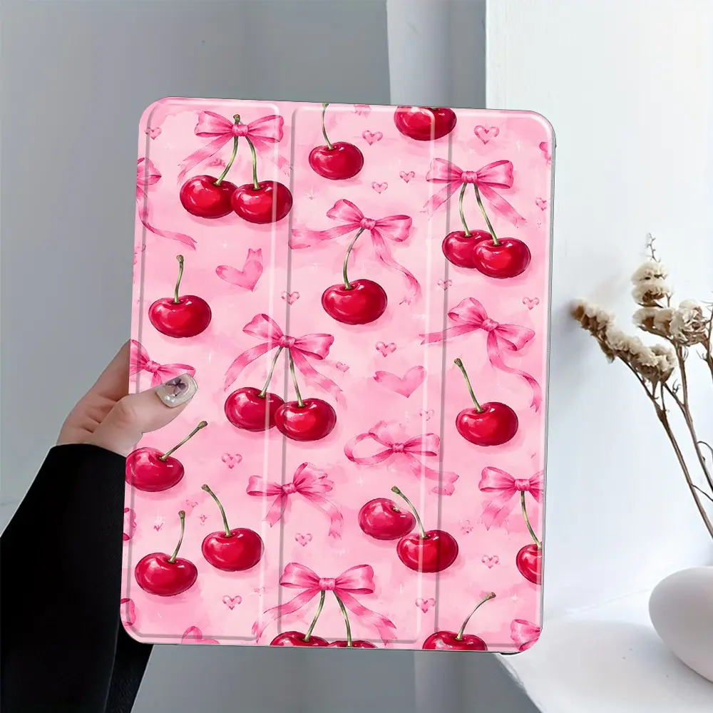 Y2K Cute Pink Cherry Bow iPad Case,Cartoon Aesthetic Protective Cover with Trifold Stand & Auto Wake/Sleep,Pencil Slot & Charger Port,Transparent Acrylic Hard Back, Shockproof Full Cover, Fits 7.9/8.3/10.2/10.5/10.9/11/12.9/13 Inch Great Gift