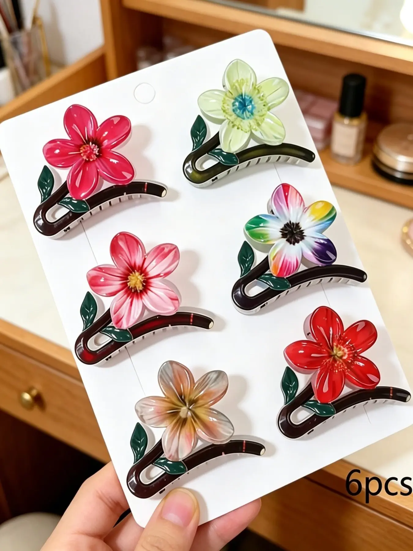6pcs New Plastic Egg Flower Beach Vacation Floral Hair Clips, Back of Head Ponytail Side Clip, Orchid Shark Bite Hair Accessories, Flower Claw Clips