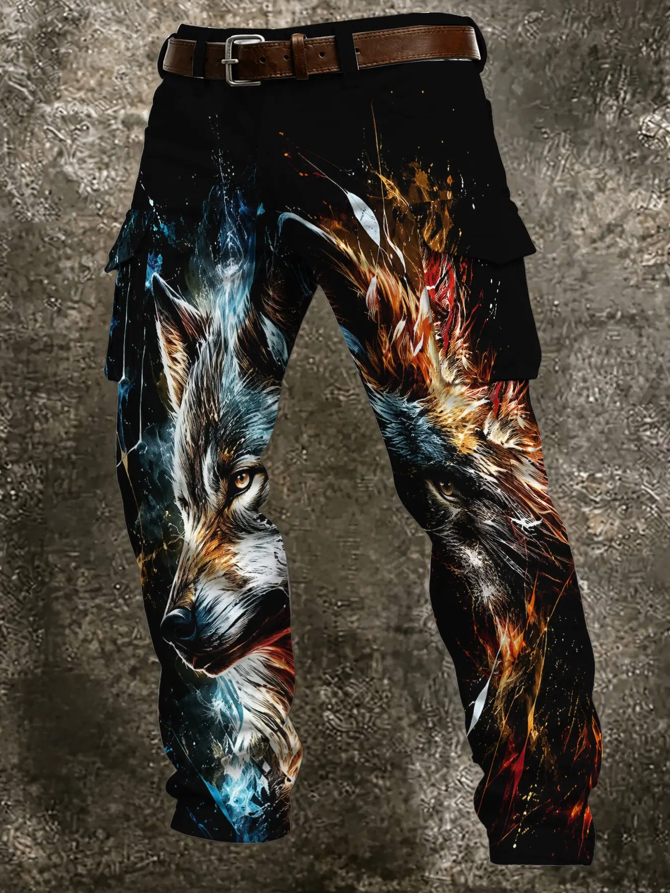Men's Ice Fire Wolf Head Graffiti Print Cargo Pants, Multi-Pocket Straight Leg Casual Long Pants, Streetwear Retro American Style