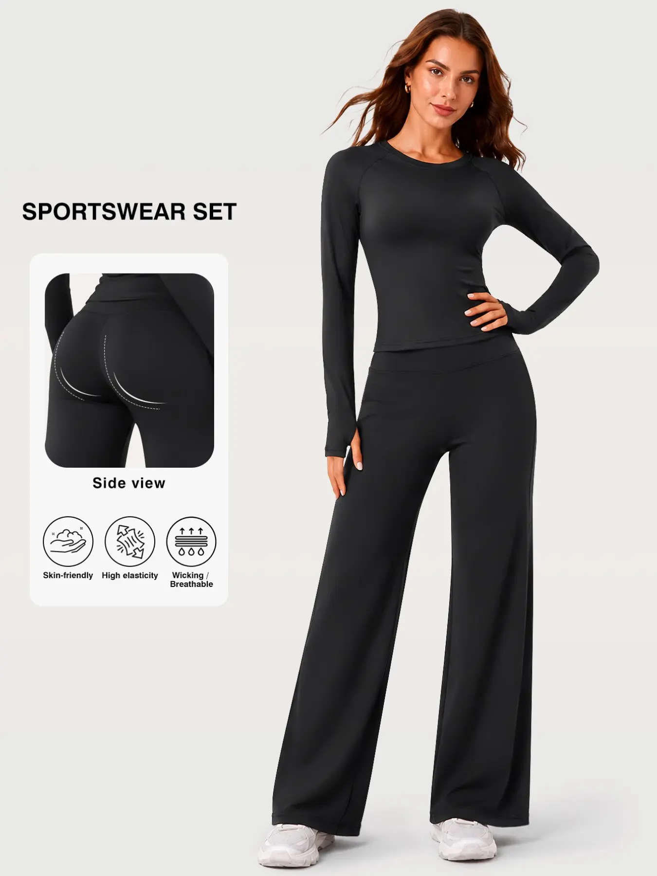 Flexaura Women's Yoga Set, Long Sleeve Sporty Top + High Waist Pants, Breathable Slim-Fit, Ideal for Gym, Running, Pilates, All Seasons