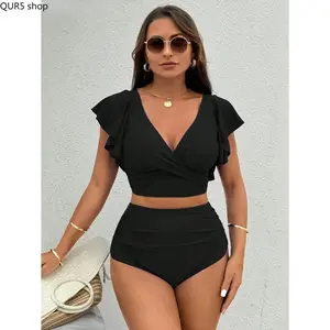 High Waisted 2-Piece Bikini Set for Women – Solid Color Tie-Side Swimsuit with Removable Pads, Comfortable Beach Swimwear for Summer Vacation