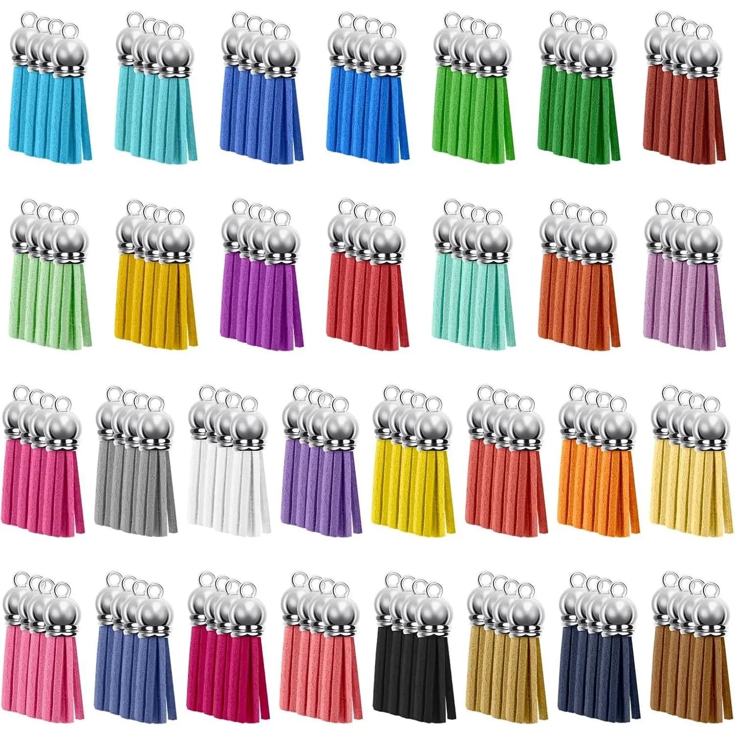 120 Pack Leather Keychain Tassels Charms Silver White Cap Multicolor Tassels for Jewelry Keychain Making Bracelets Craft Supplies (Multicolor, 38mm)