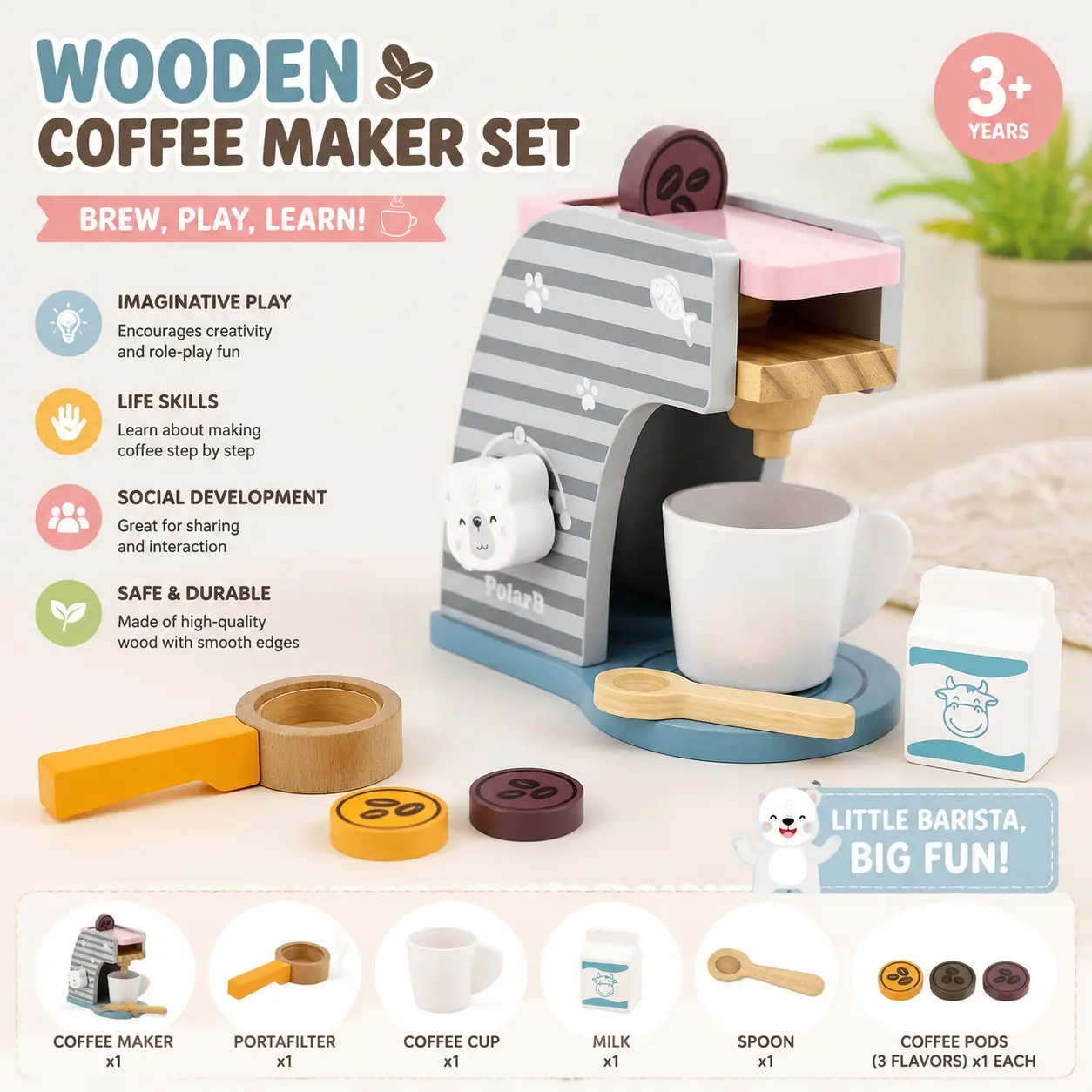 Mini Kitchen Set, Role Play Toy, Polar Bear Coffee Machine, Educational Puzzle Toy, Wooden Milk Coffee Gift