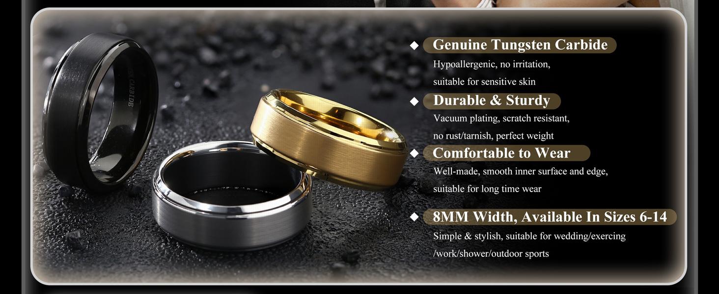 CASSIECA Tungsten Wedding Rings for Men Women 8MM Mens Wedding Band Black/Silver/Gold Matte Surface Polished Edge Engagement Promise Ring Comfort Fit 6-14 High Quality Materials Sturdy Durable Hypoallergenic