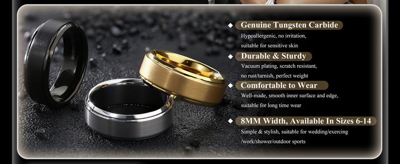 CASSIECA Tungsten Wedding Rings for Men Women 8MM Mens Wedding Band Black/Silver/Gold Matte Surface Polished Edge Engagement Promise Ring Comfort Fit 6-14 High Quality Materials Sturdy Durable Hypoallergenic