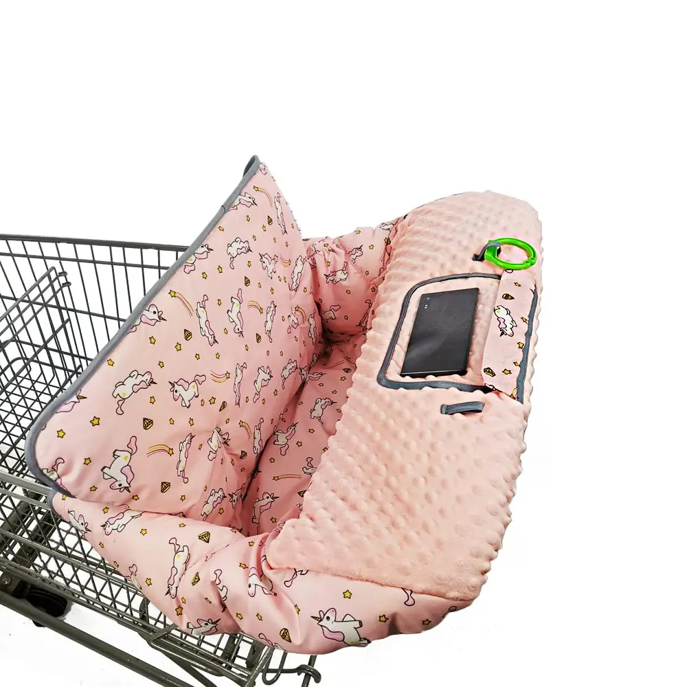 Plush Universal Size Baby Shopping Cart & High Chair Cover, Dotted Pattern, 360 Full Protection, Roll-Up Design, Unicorn Print Pink, Minky Touch