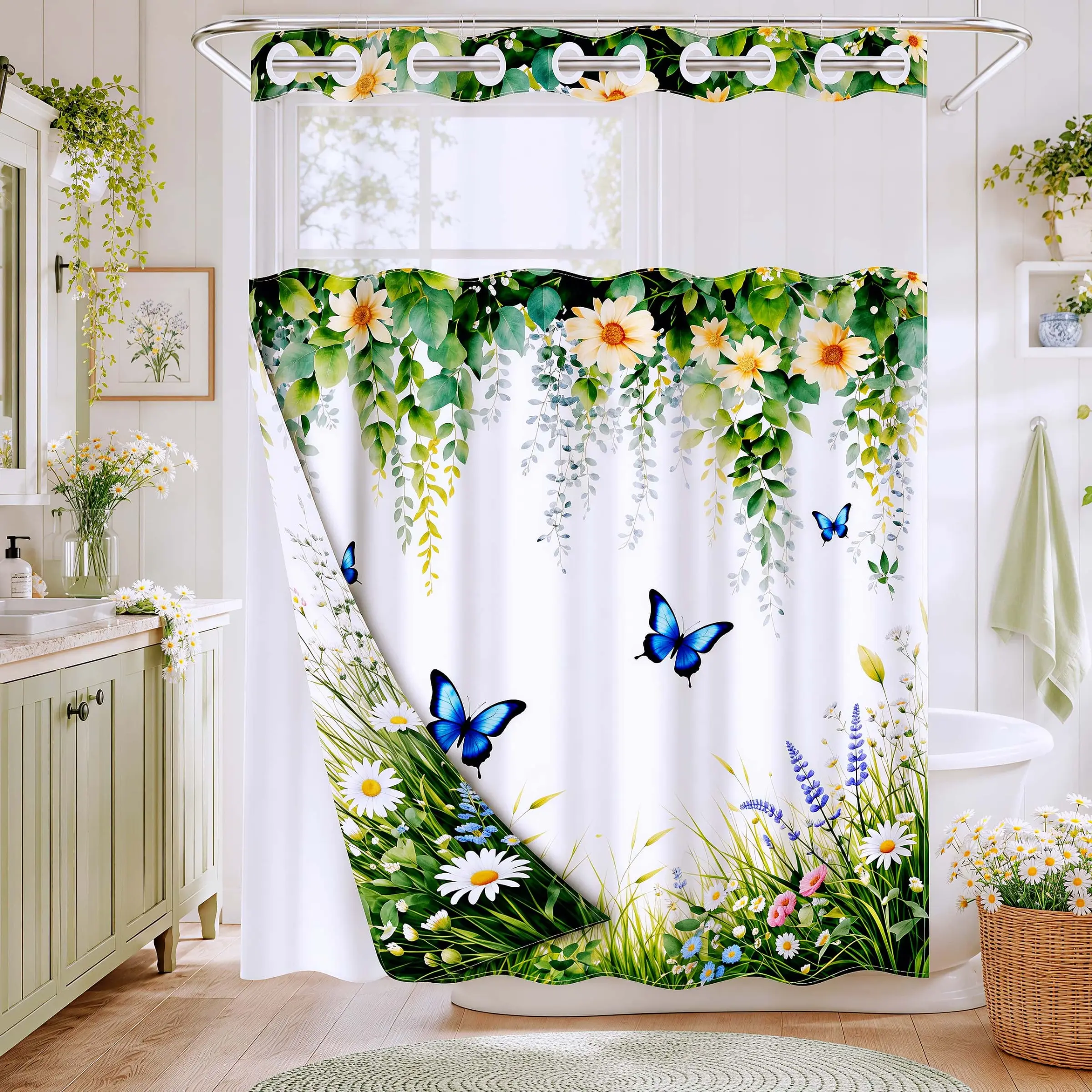1 Piece No Hook Double Layer Shower Curtain, Boho Shower Curtain, Daisy & Blue Butterfly Print Bath Curtain, Waterproof, Mildew Resistant, Durable Fabric, Farmhouse Home Decor, Removable Liner, Top See-Through Window, Partition Curtain 71"×74"