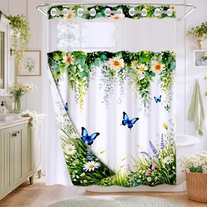 1 Piece No Hook Double Layer Shower Curtain, Boho Shower Curtain, Daisy & Blue Butterfly Print Bath Curtain, Waterproof, Mildew Resistant, Durable Fabric, Farmhouse Home Decor, Removable Liner, Top See-Through Window, Partition Curtain 71"×74"